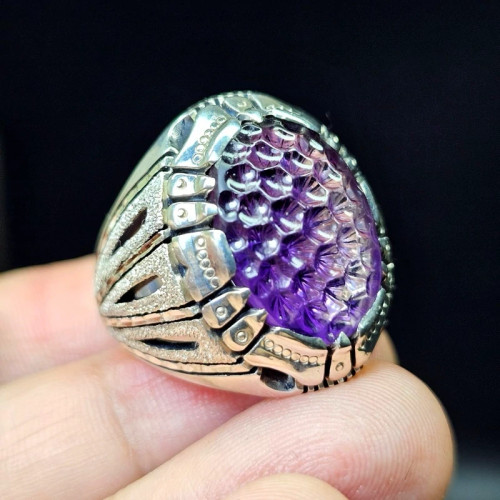 انگشتر نقره دستساز دومهر سنگ آمیتیست معدنی تراش کندویی کد S3437