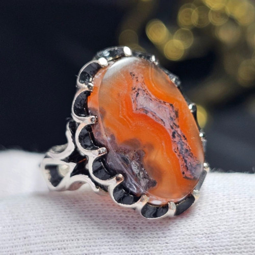 انگشتر روکش نقره ای سنگ طبیعی عقیق خونی معدنی خراسان کد 38572